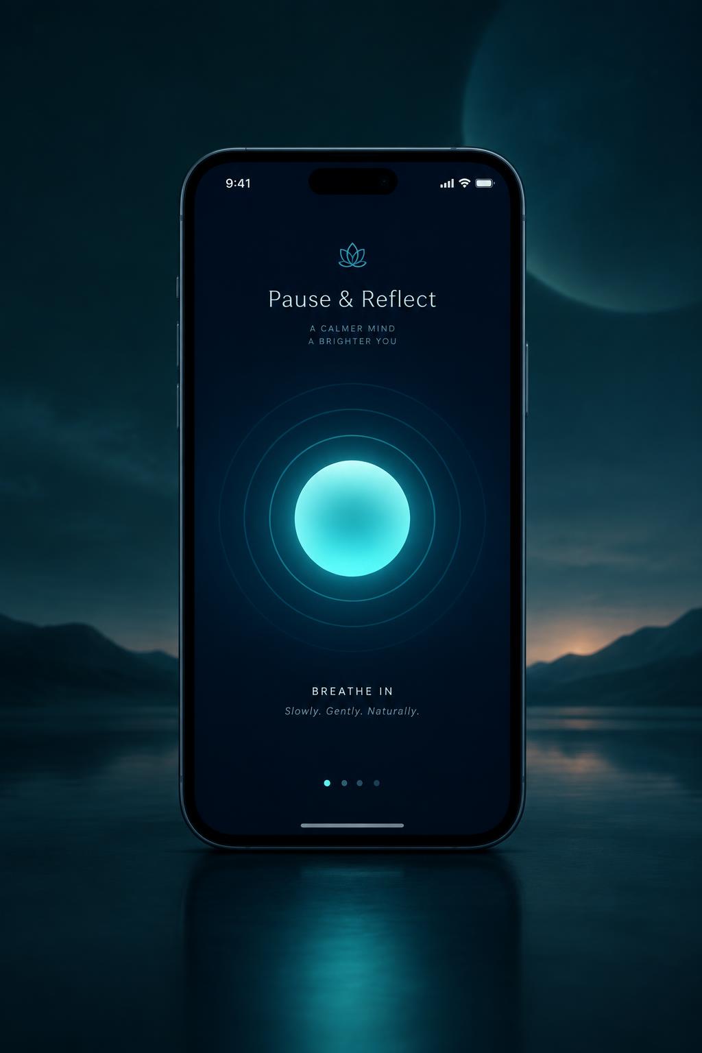 Preview of the Pause & Reflect app with a glowing breathing orb